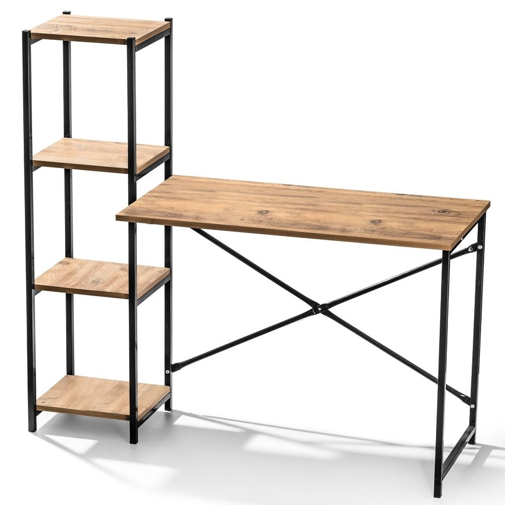 Freestanding desk with tall bookshelf for office.