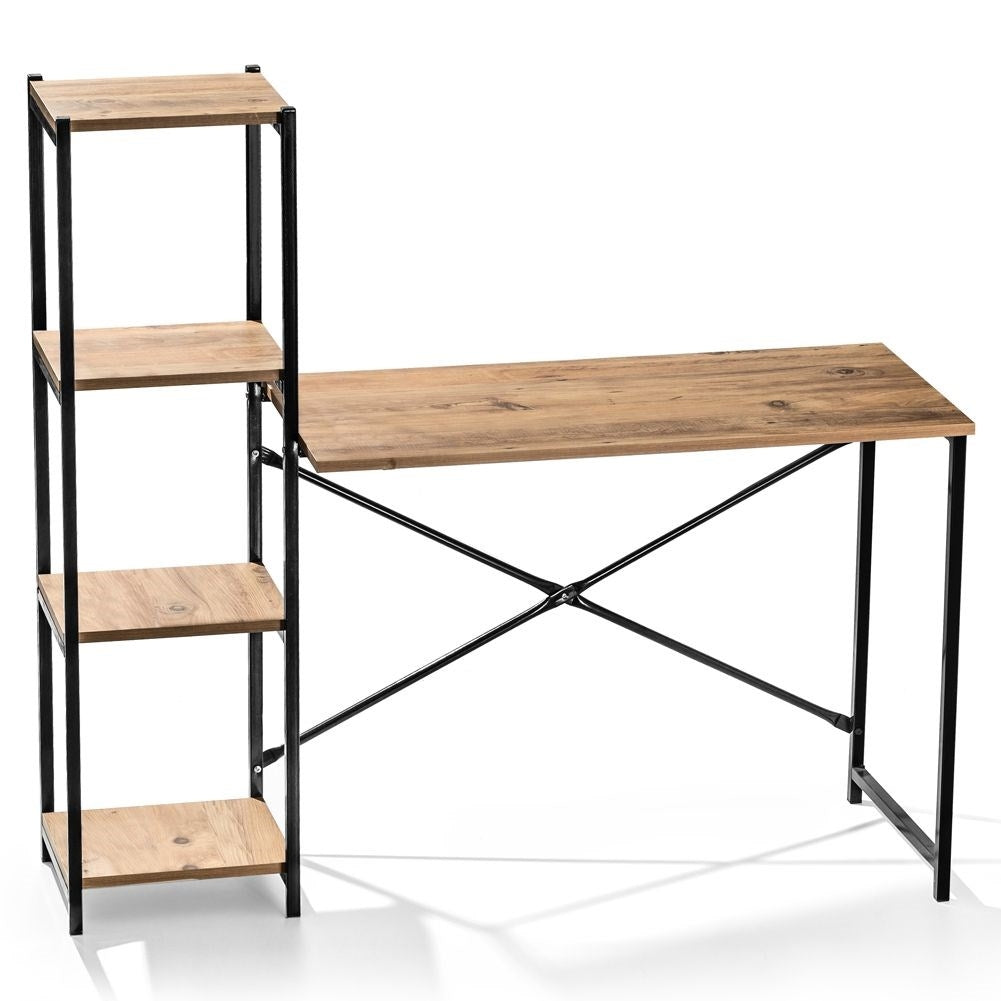 Freestanding desk with tall bookshelf for office.