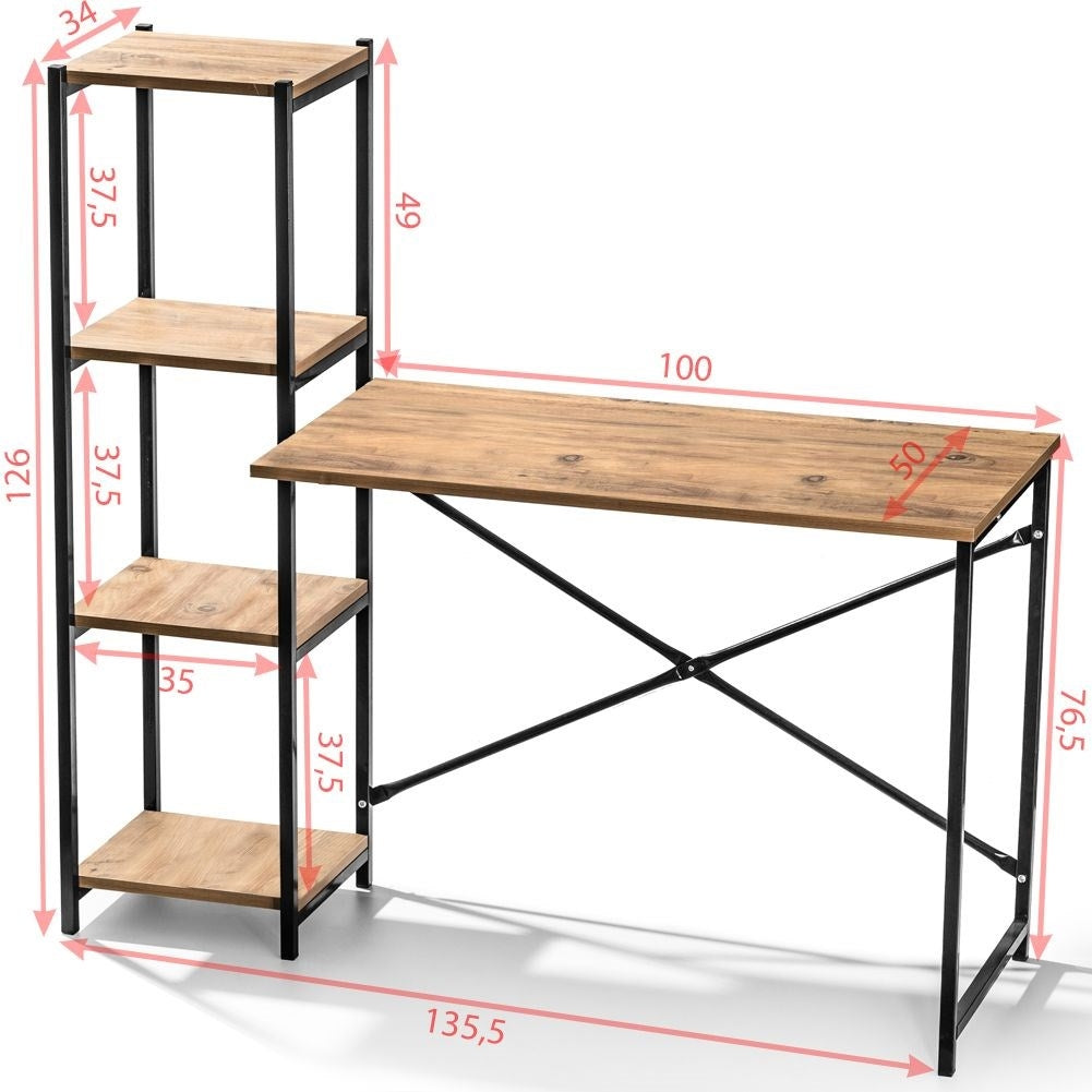 Freestanding desk with tall bookshelf for office.