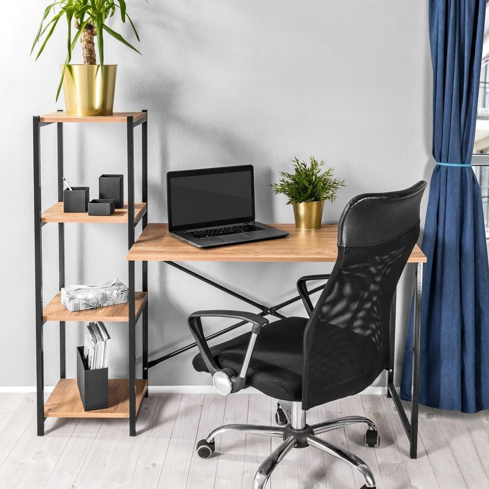 Freestanding desk with tall bookshelf for office.