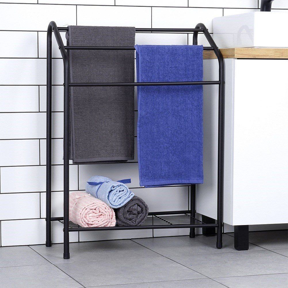 Freestanding towel rail with shelf, trendy black color