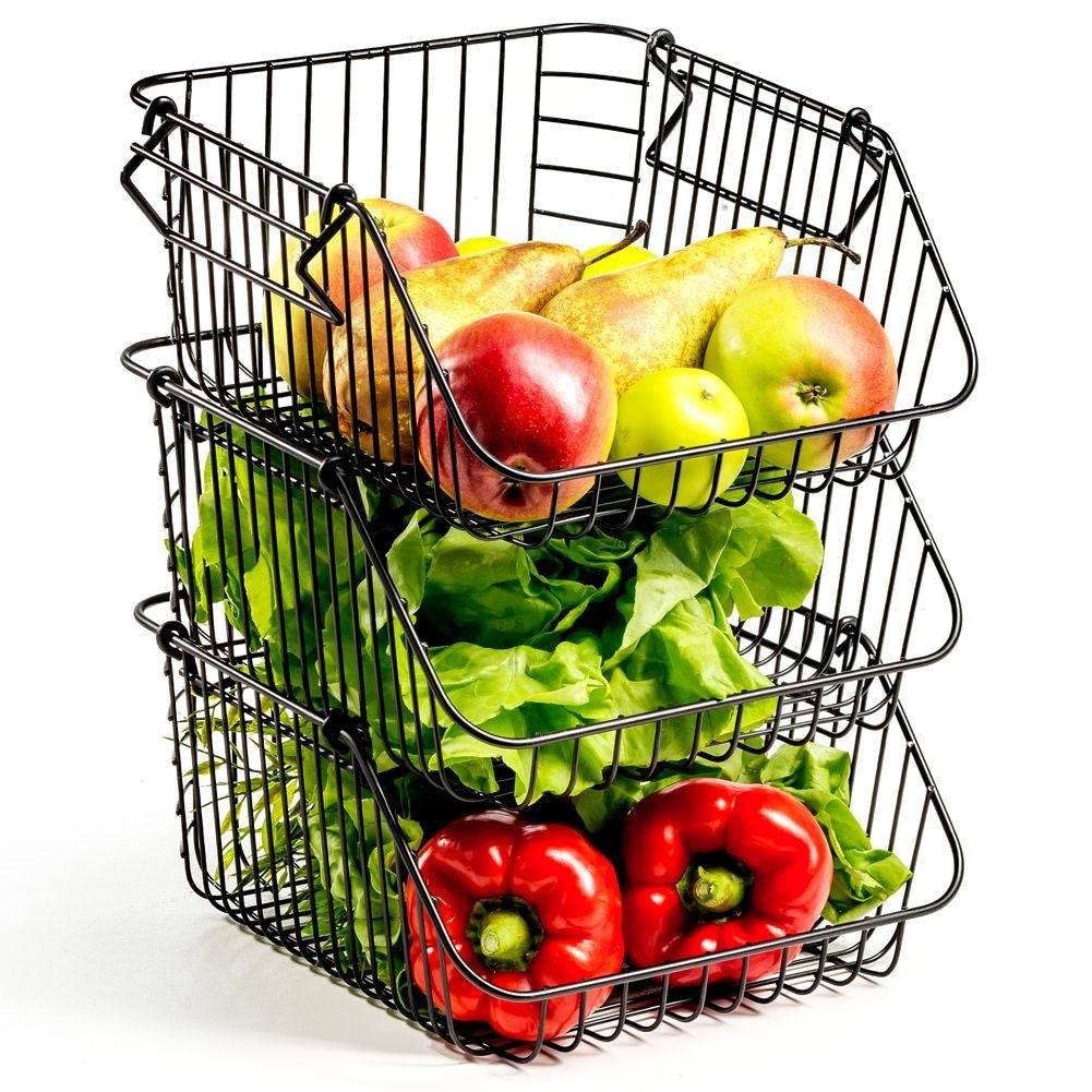 Fruit and vegetable basket in stackable black metal