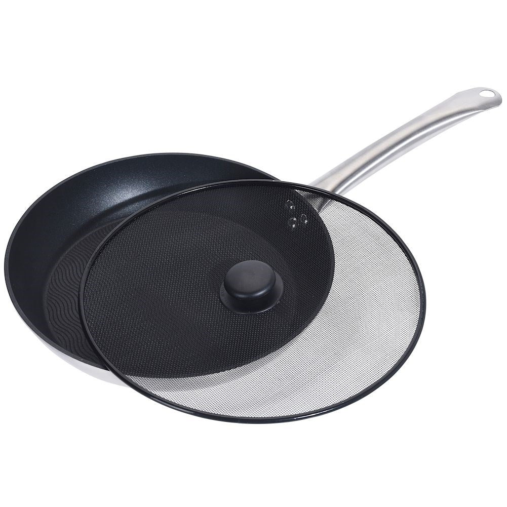Frying pan lid: Protection against oil splashes, works as a strainer