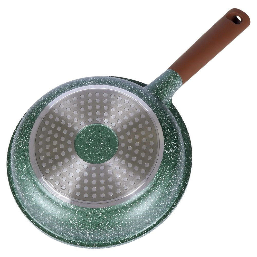 Frying pan with 5 layers, non-stick, dishwasher safe.