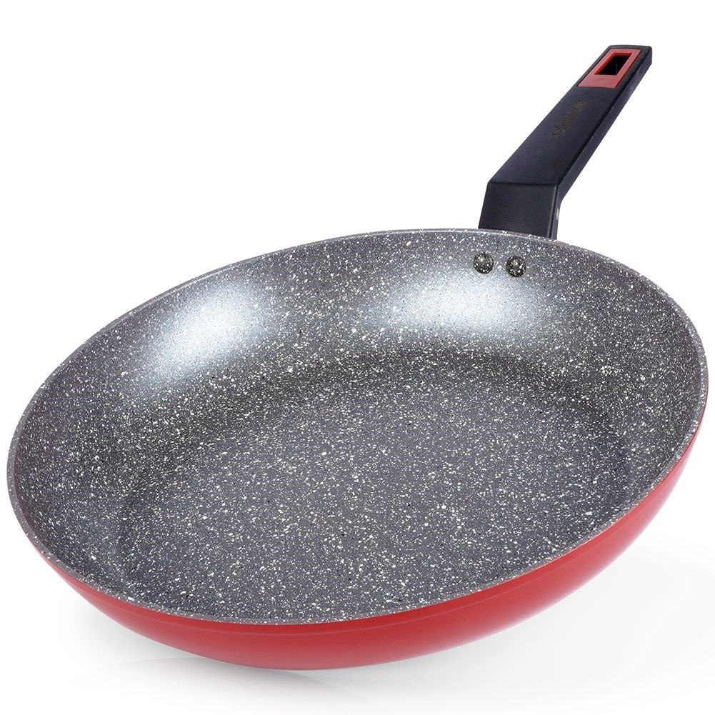 Frying pan with five layers, non-stick granite, dishwasher safe.