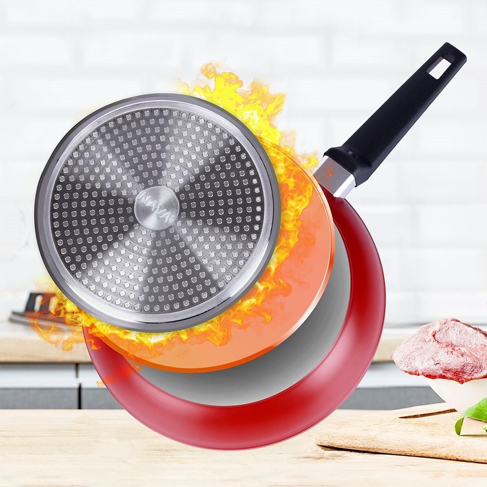 Frying pan with five layers, non-stick granite, dishwasher safe.