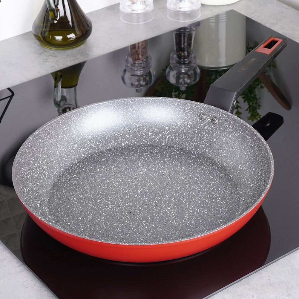 Frying pan with five layers, non-stick granite, dishwasher safe.