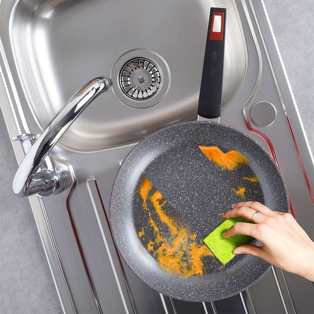 Frying pan with five layers, non-stick granite, dishwasher safe.