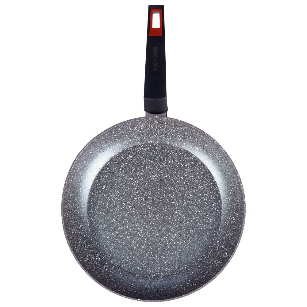 Frying pan with five layers, non-stick granite, dishwasher safe.