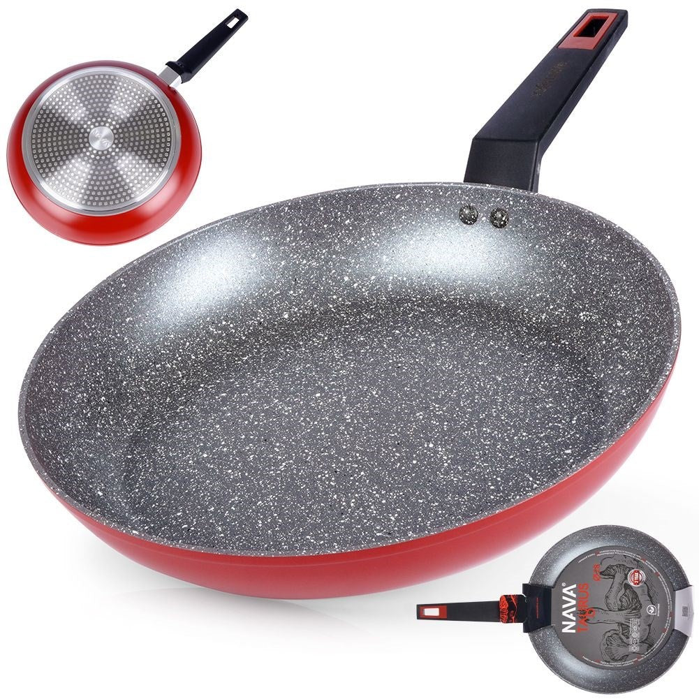 Frying pan with five layers, non-stick granite, dishwasher safe.