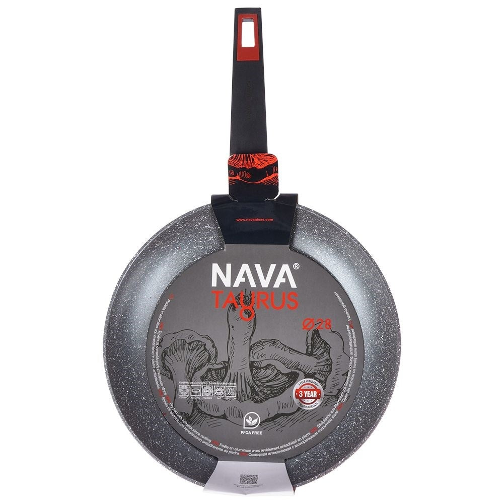 Frying pan with five layers, non-stick granite, dishwasher safe.