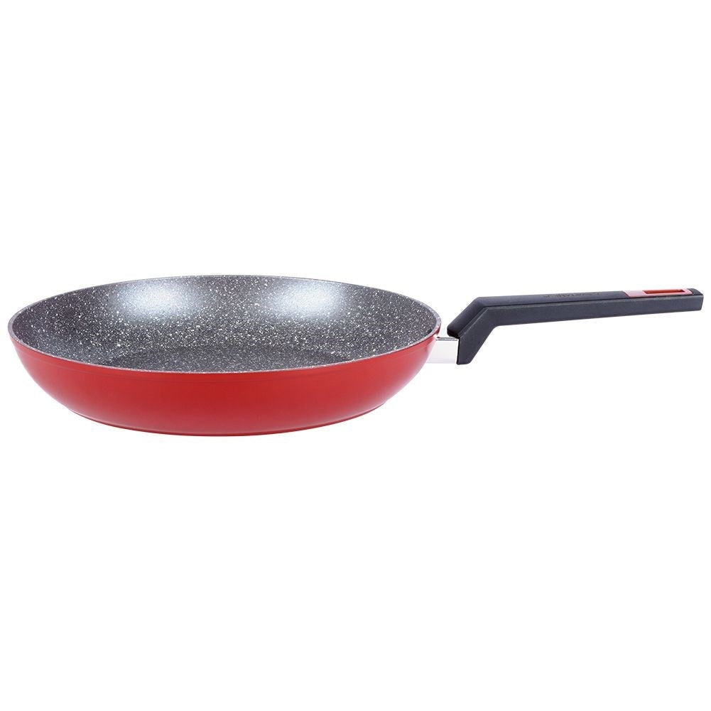 Frying pan with five layers, non-stick granite, dishwasher safe.