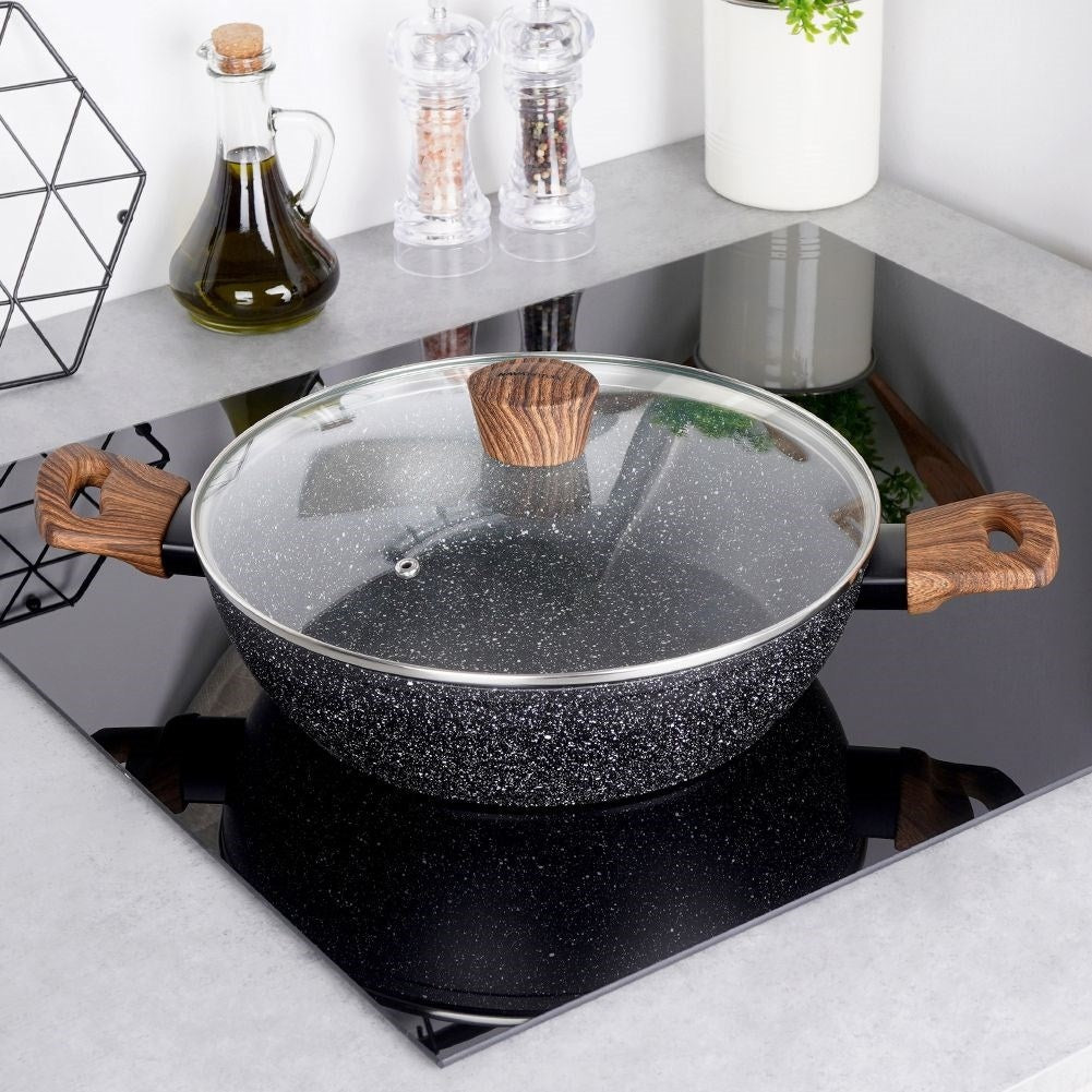 Frying pan with non-stick granite coating and lid