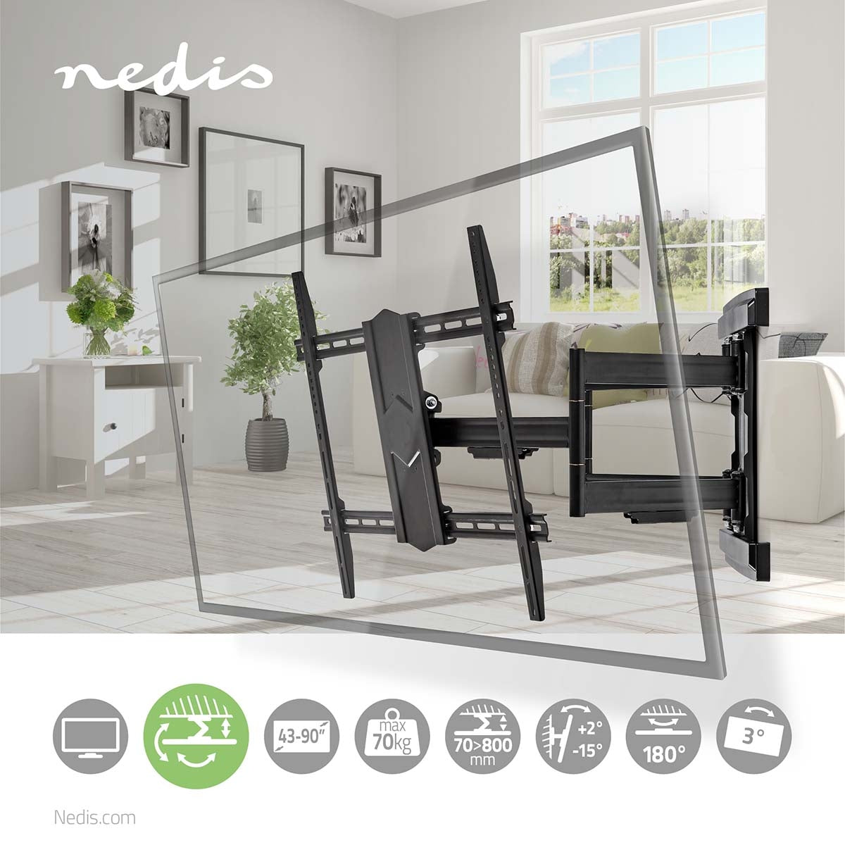 Full Motion TV Wall Mount | 43 - 100 " | Maximum supported screen weight: 70 kg | Tiltable | Rotatable | Minimum wall distance: 70 mm | Maximum wall distance: 800 mm | 3 Pivot point(s) | Steel | Black