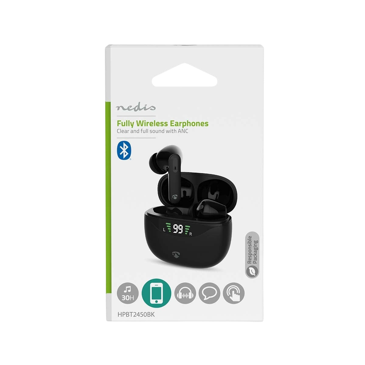 Fully Wireless Earphones | ANC (Active Noise Cancelling) | Bluetooth® | Maximum battery play time: 30 hrs | Touch Control | Charging case | Wireless charging case | Built-in microphone | Voice control support | Black