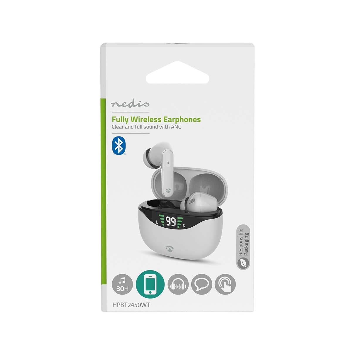 Fully Wireless Earphones | ANC (Active Noise Cancelling) | Bluetooth® | Maximum battery play time: 30 hrs | Touch Control | Charging case | Wireless charging case | Built-in microphone | Voice control support | White