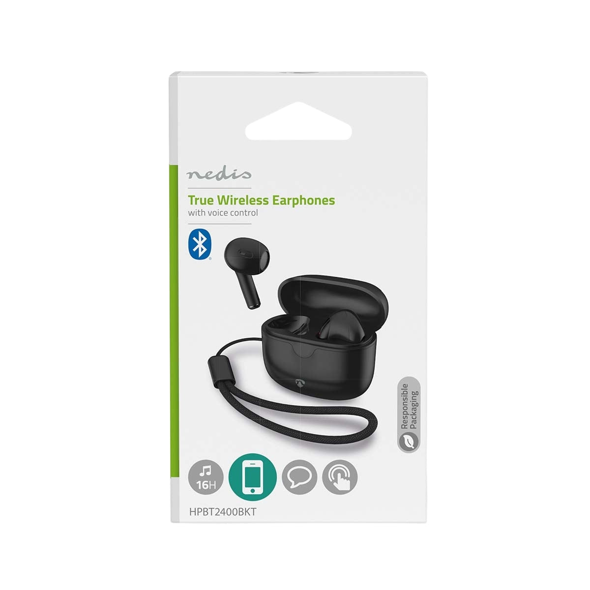 Fully Wireless Earphones | Bluetooth® | Maximum battery play time: 16 hrs | Touch Control | Charging case | Wireless charging case | Built-in microphone | Voice control support | Black