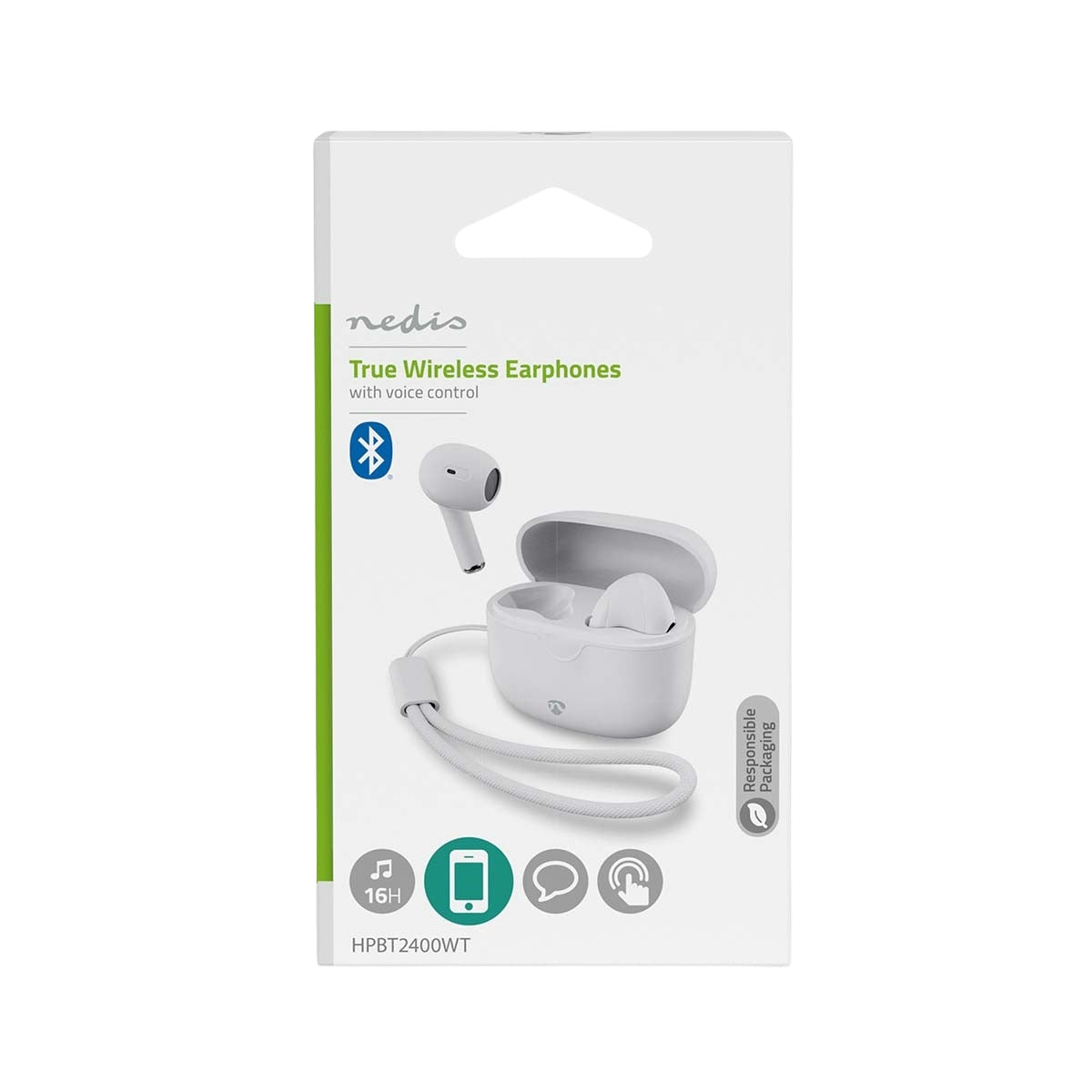 Fully Wireless Earphones | Bluetooth® | Maximum battery play time: 16 hrs | Touch Control | Charging case | Wireless charging case | Built-in microphone | Voice control support | White