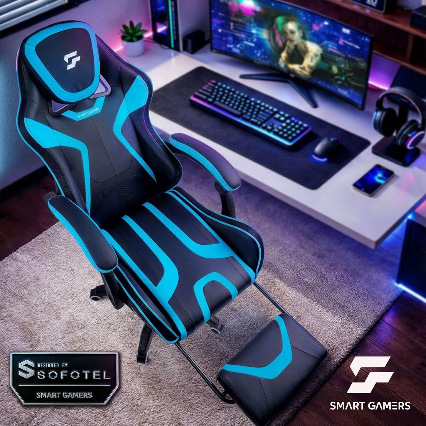 Gaming Chair with Footrest, Reclining Back, Adjustable Height