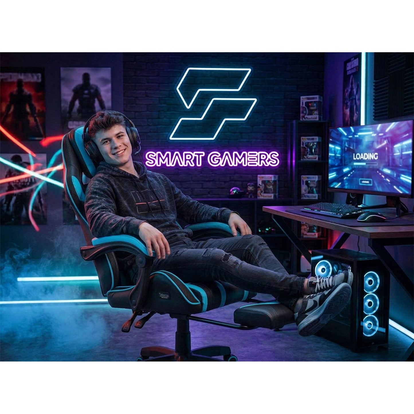 Gaming Chair with Footrest, Reclining Back, Adjustable Height