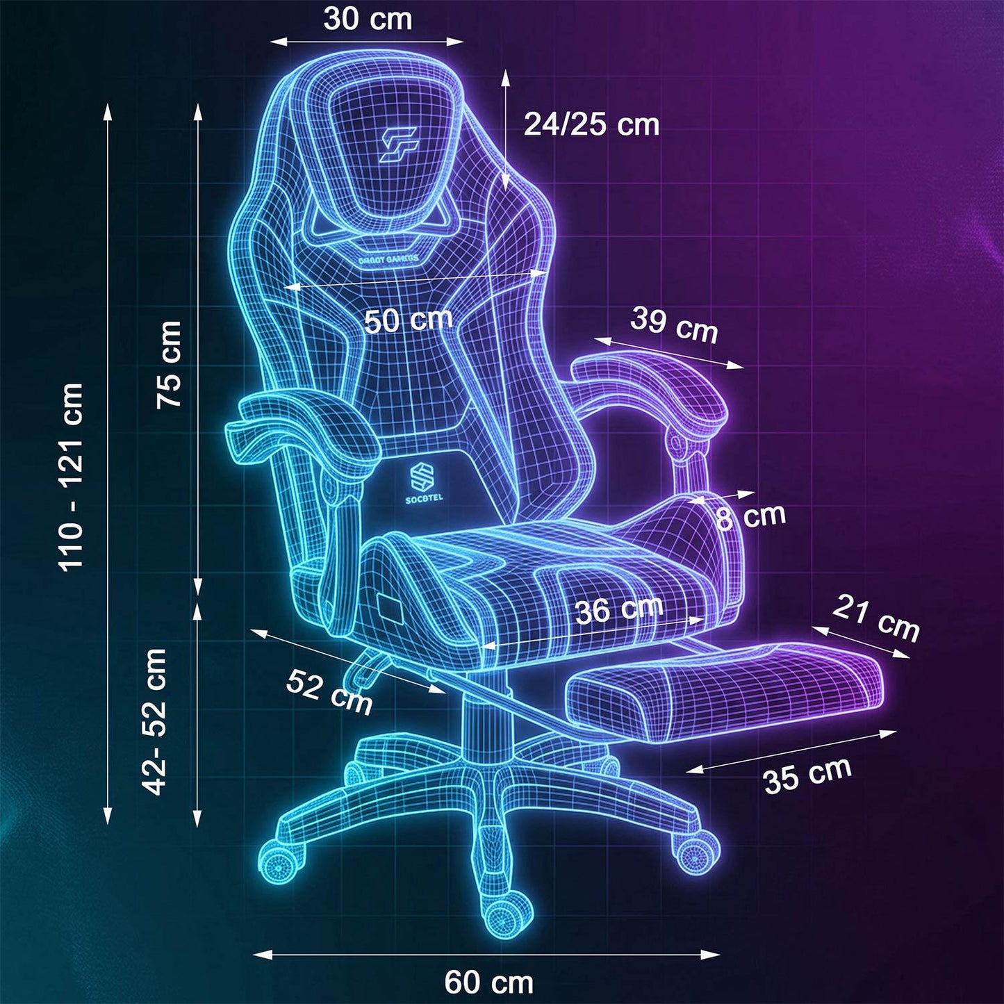 Gaming Chair with Footrest, Reclining Back, Adjustable Height