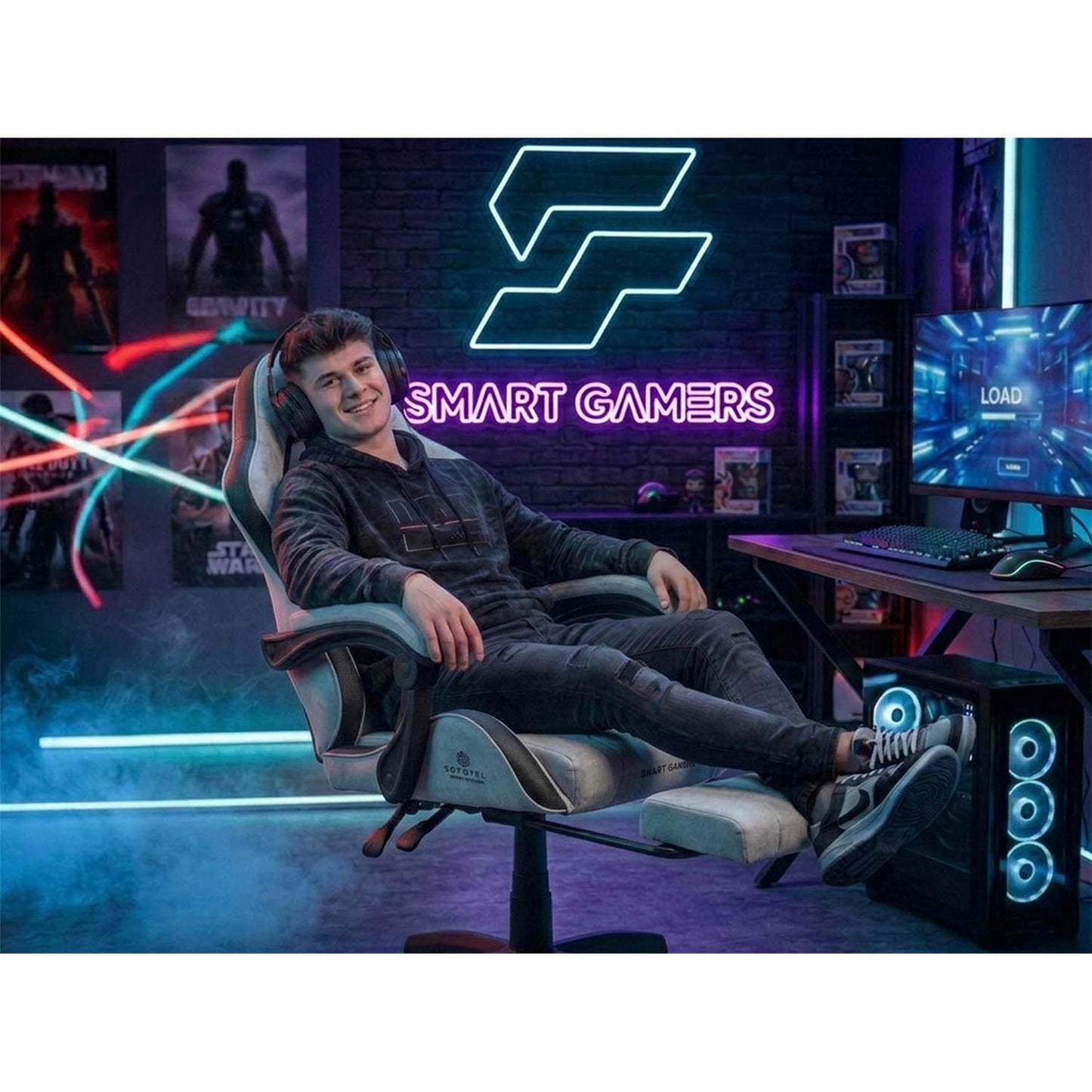 Gaming Chair with Footrest, Reclining Backrest, Adjustable Height