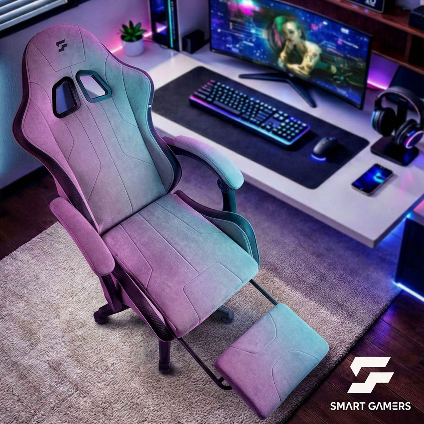 Gaming Chair with Footrest, Reclining Backrest, Adjustable Height
