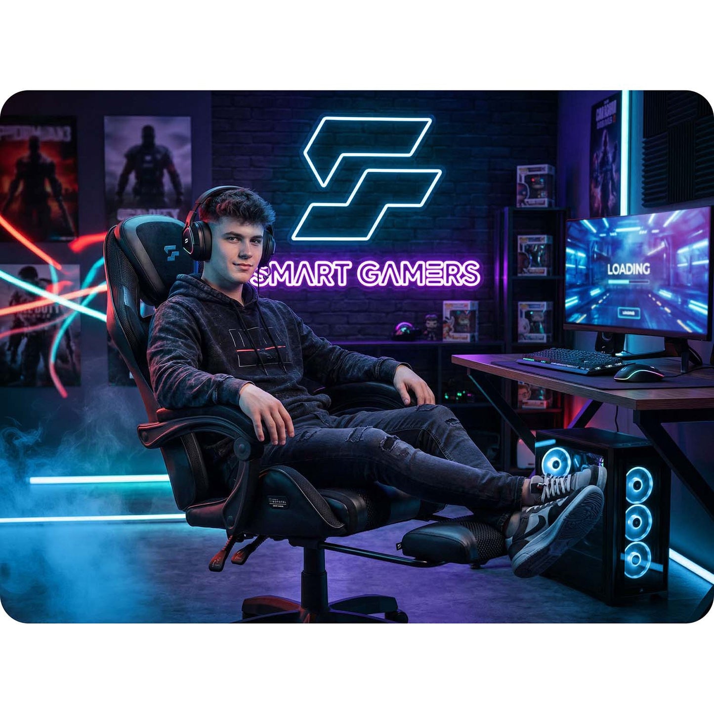 Gaming Chair with Reclining Backrest and Footrest