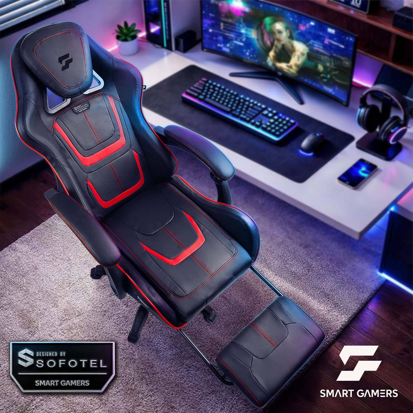 Gaming Chair with Reclining Backrest and Footrest