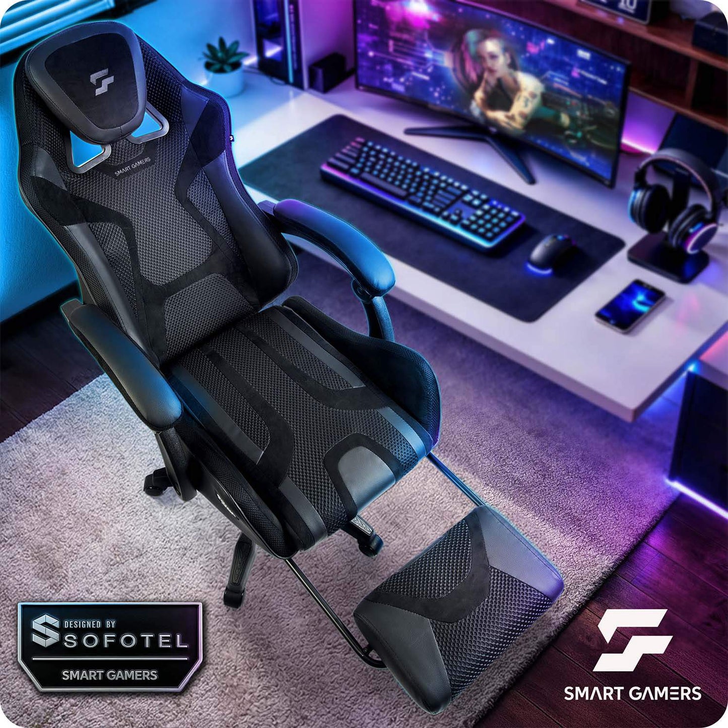 Gaming Chair with Reclining Backrest and Footrest