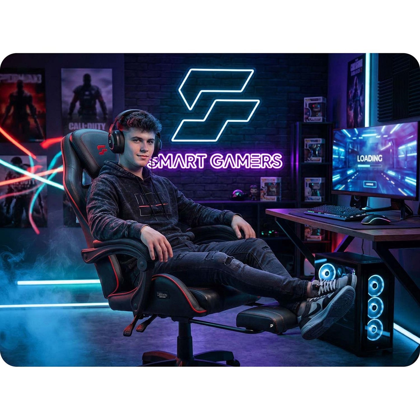 Gaming Chair with Reclining Backrest and Footrest