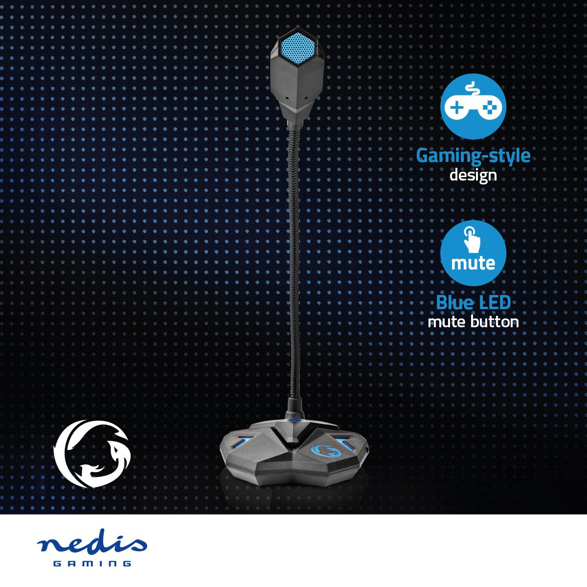 Gaming Microphone | Used for: Computer / Desktop | USB | Connection output: 1x 3.5 mm audio output | On / off button | Headphone jack