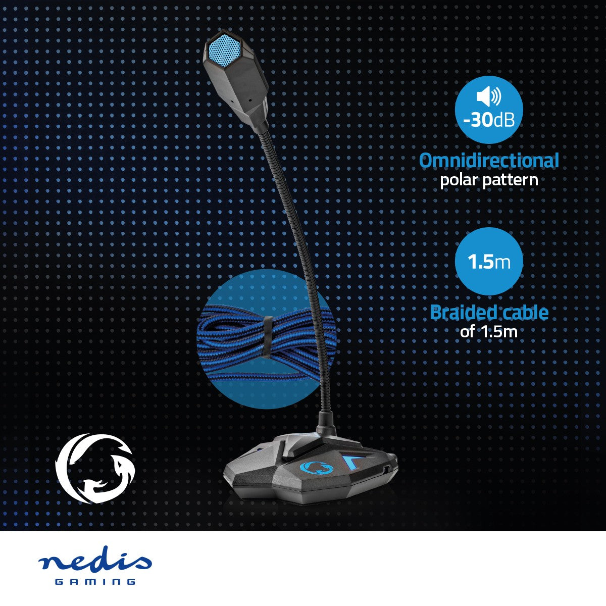 Gaming Microphone | Used for: Computer / Desktop | USB | Connection output: 1x 3.5 mm audio output | On / off button | Headphone jack