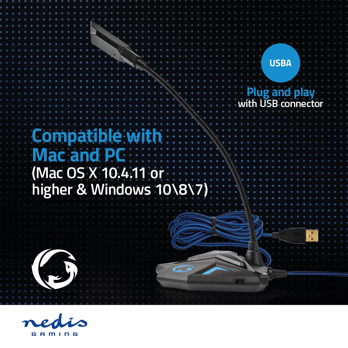 Gaming Microphone | Used for: Computer / Desktop | USB | Connection output: 1x 3.5 mm audio output | On / off button | Headphone jack