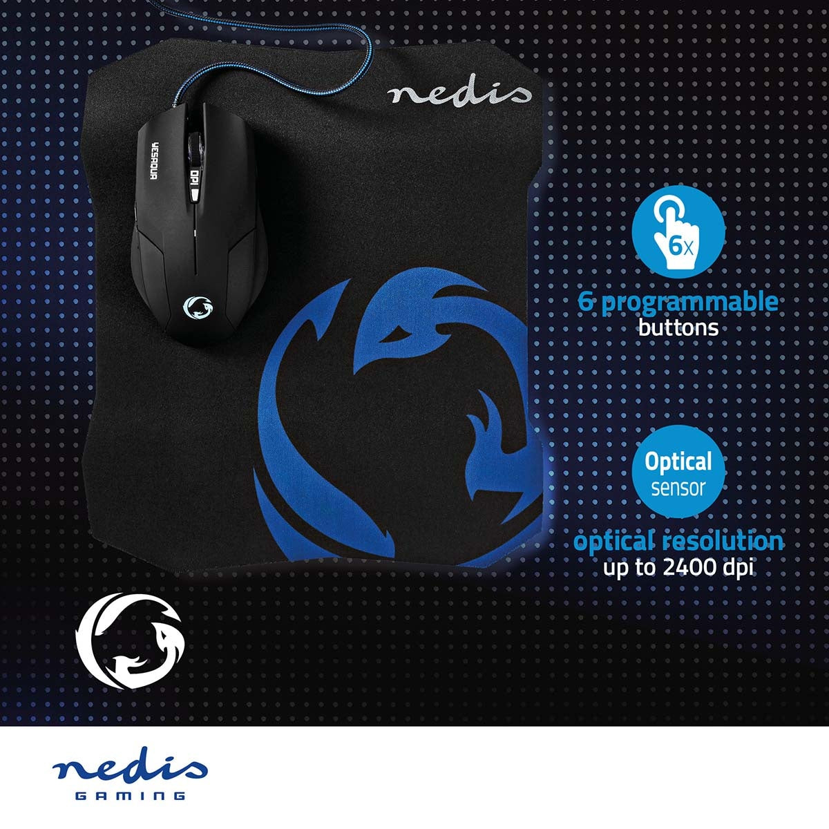 Gaming Mouse and Mouse Pad Set | Wire bound | 800 / 1200 / 1600 dpi | Adjustable DPI | Number of buttons: 6 | Right-handed | 1.50 m | Normal Lighting