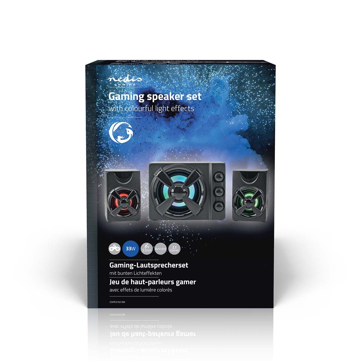 Gaming speakers | Speaker channels: 2.1 | USB Power | 3.5 mm Male | 33 W| LEDs | Volume control