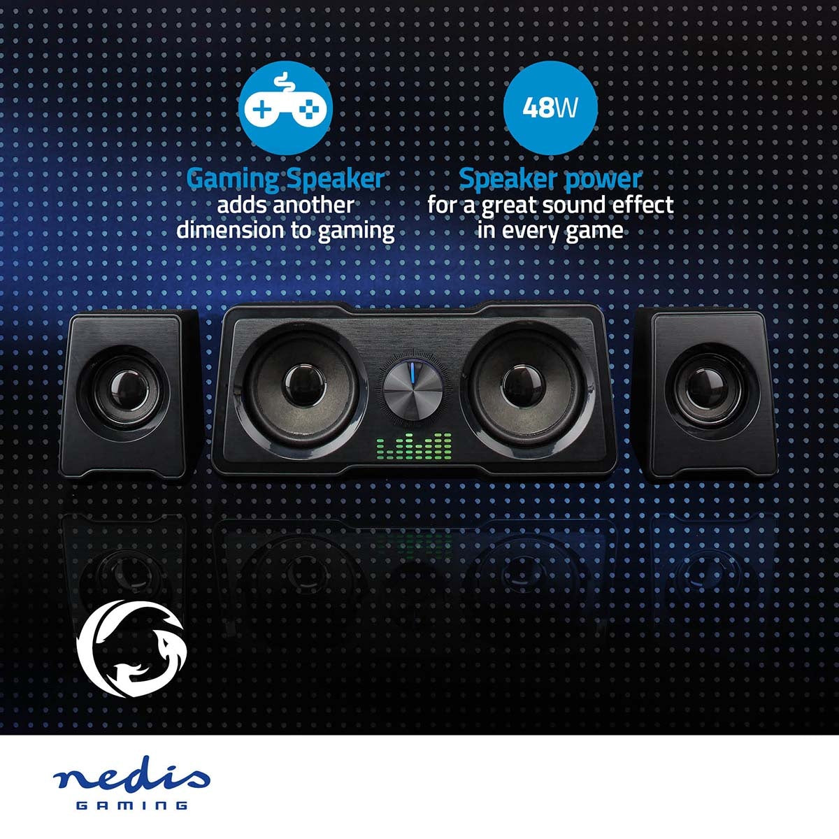 Gaming speakers | Speaker channels: 2.2 | USB Power | 3.5 mm Male | 48 W| LEDs | Volume control