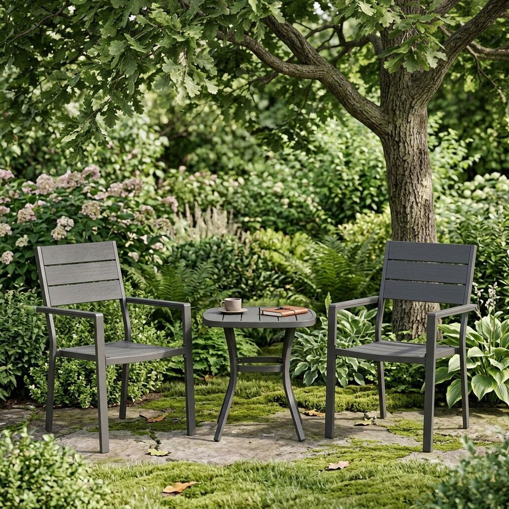 Garden Chairs Set of 2, Steel Frame, HDPE, Gray