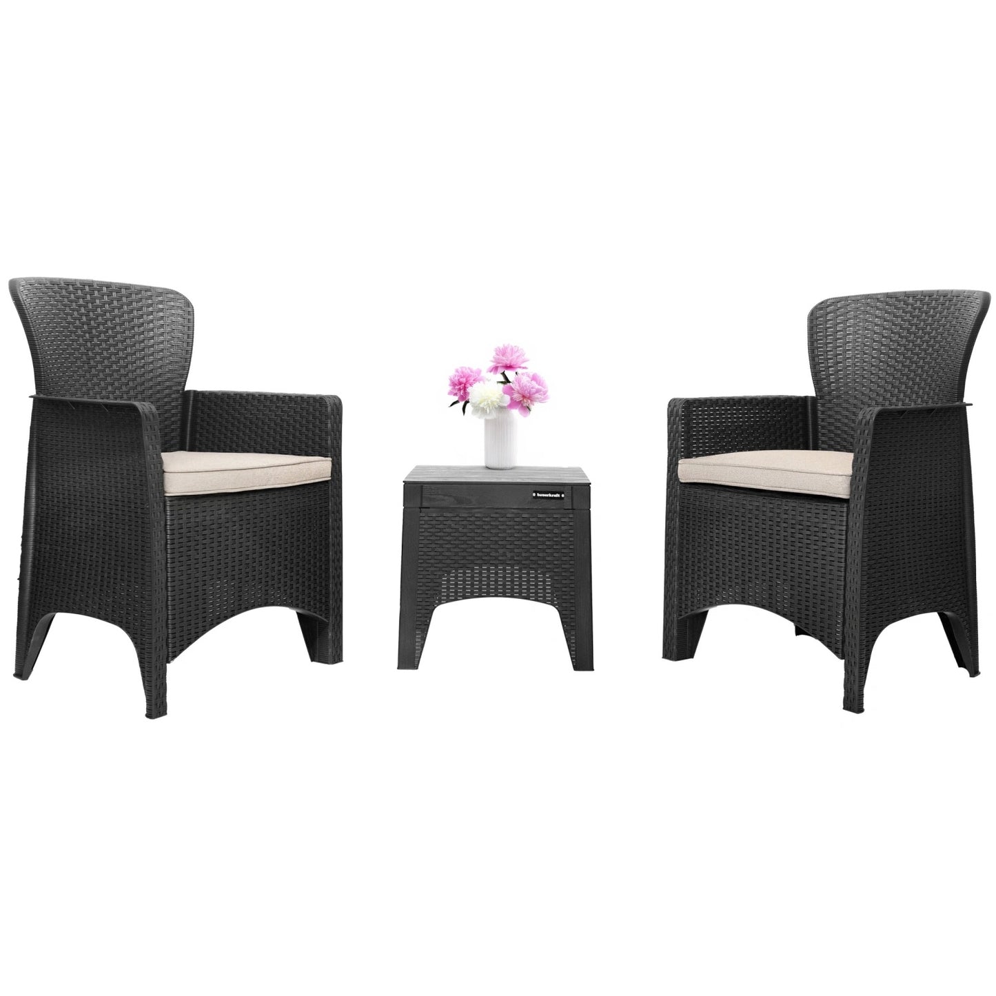 Garden Furniture Set for Terrace or Balcony – 2 Armchairs + Table Black