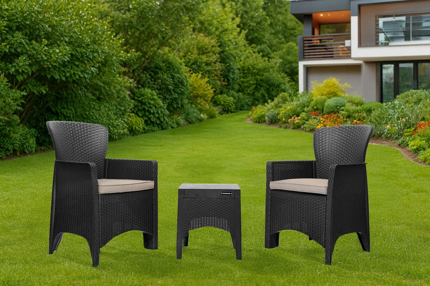 Garden Furniture Set for Terrace or Balcony – 2 Armchairs + Table Black