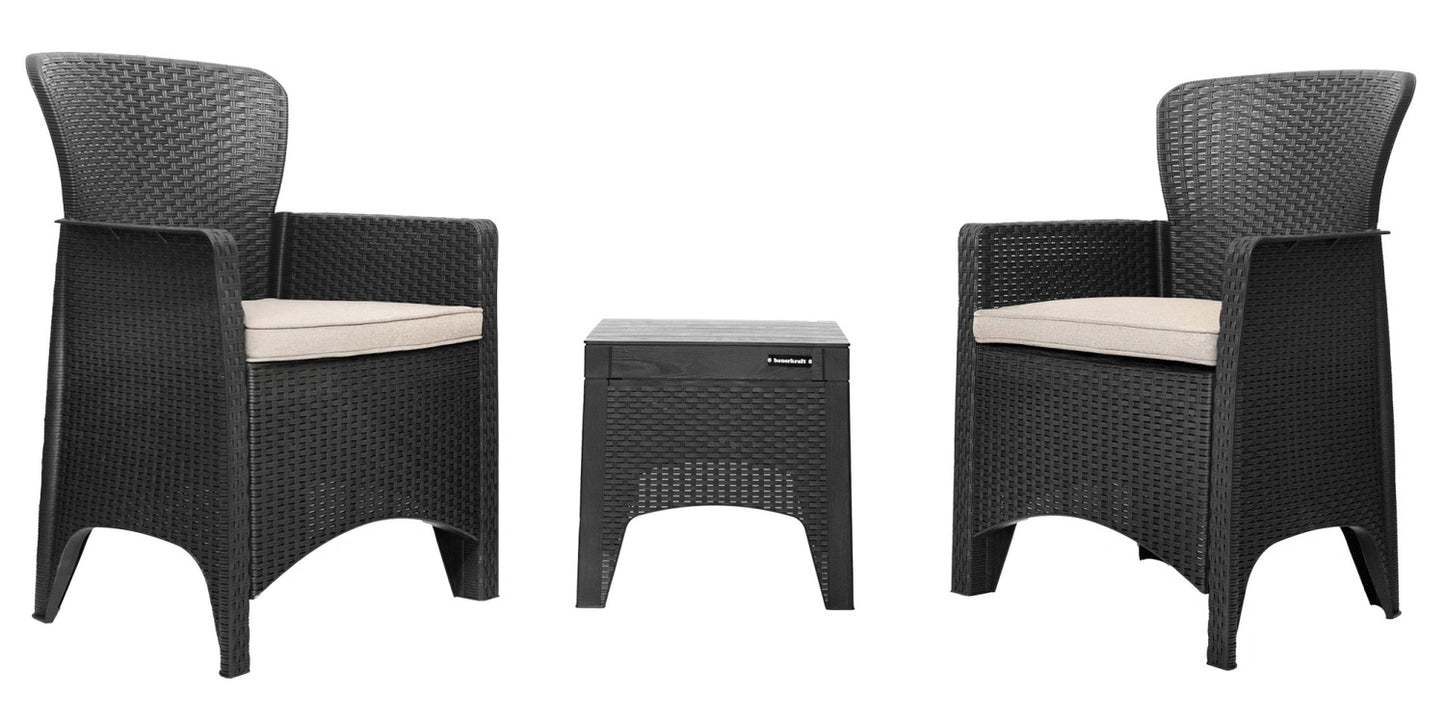 Garden Furniture Set for Terrace or Balcony – 2 Armchairs + Table Black