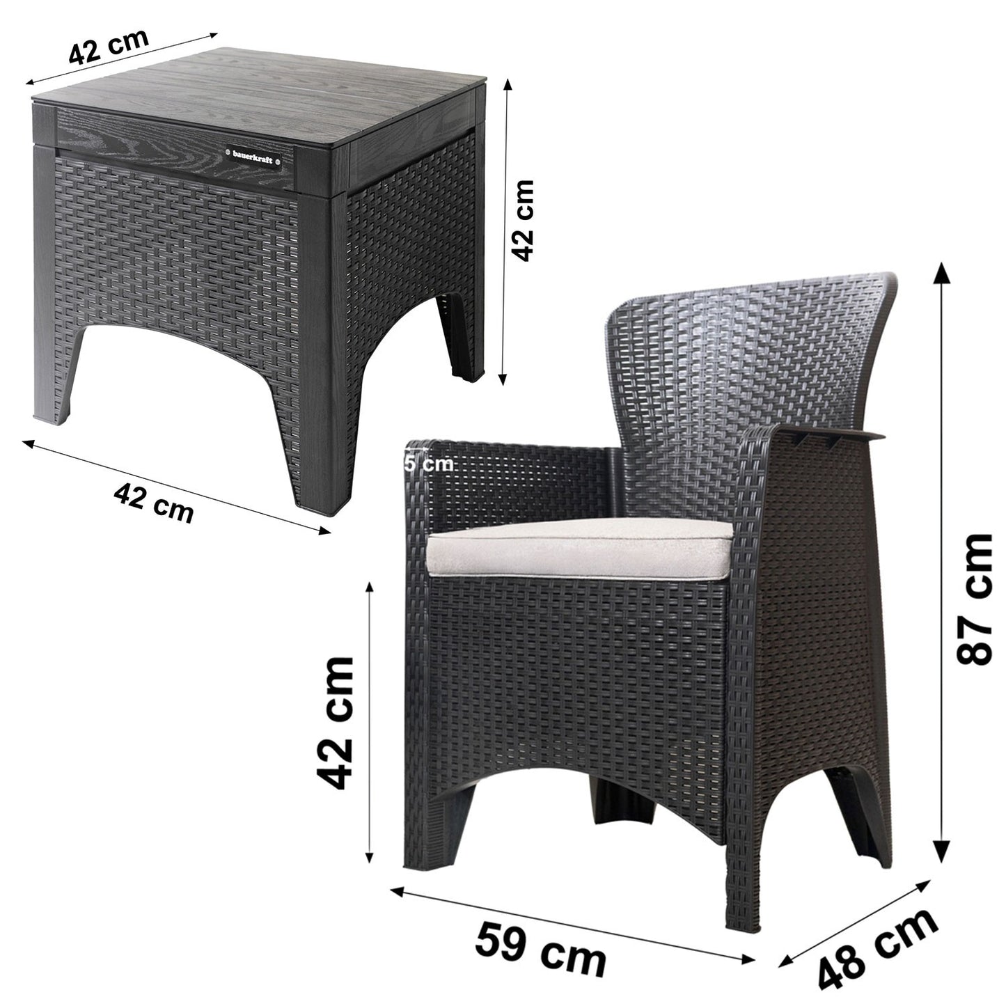 Garden Furniture Set for Terrace or Balcony – 2 Armchairs + Table Black