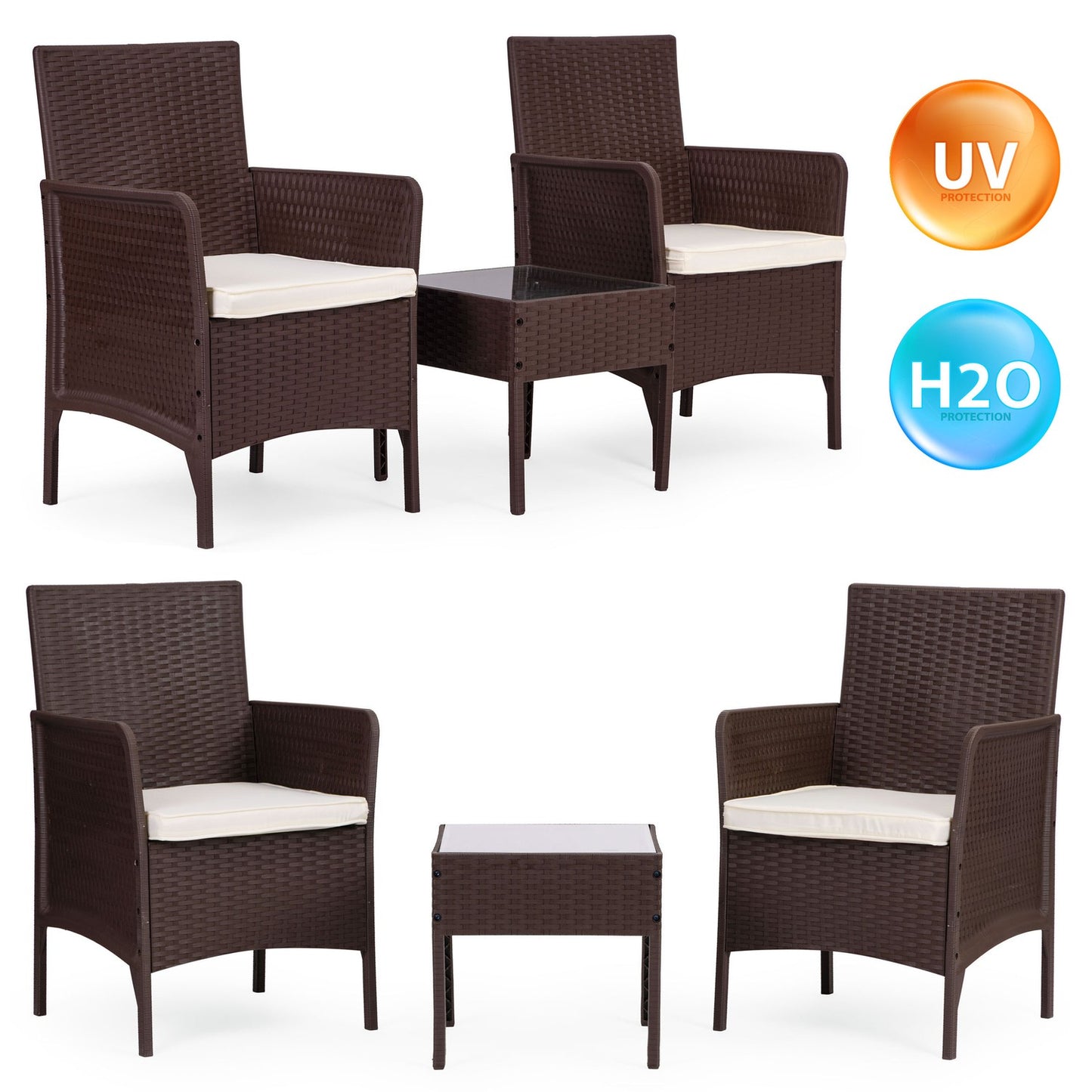 Garden Furniture Set with 2 Armchairs & Glass Table