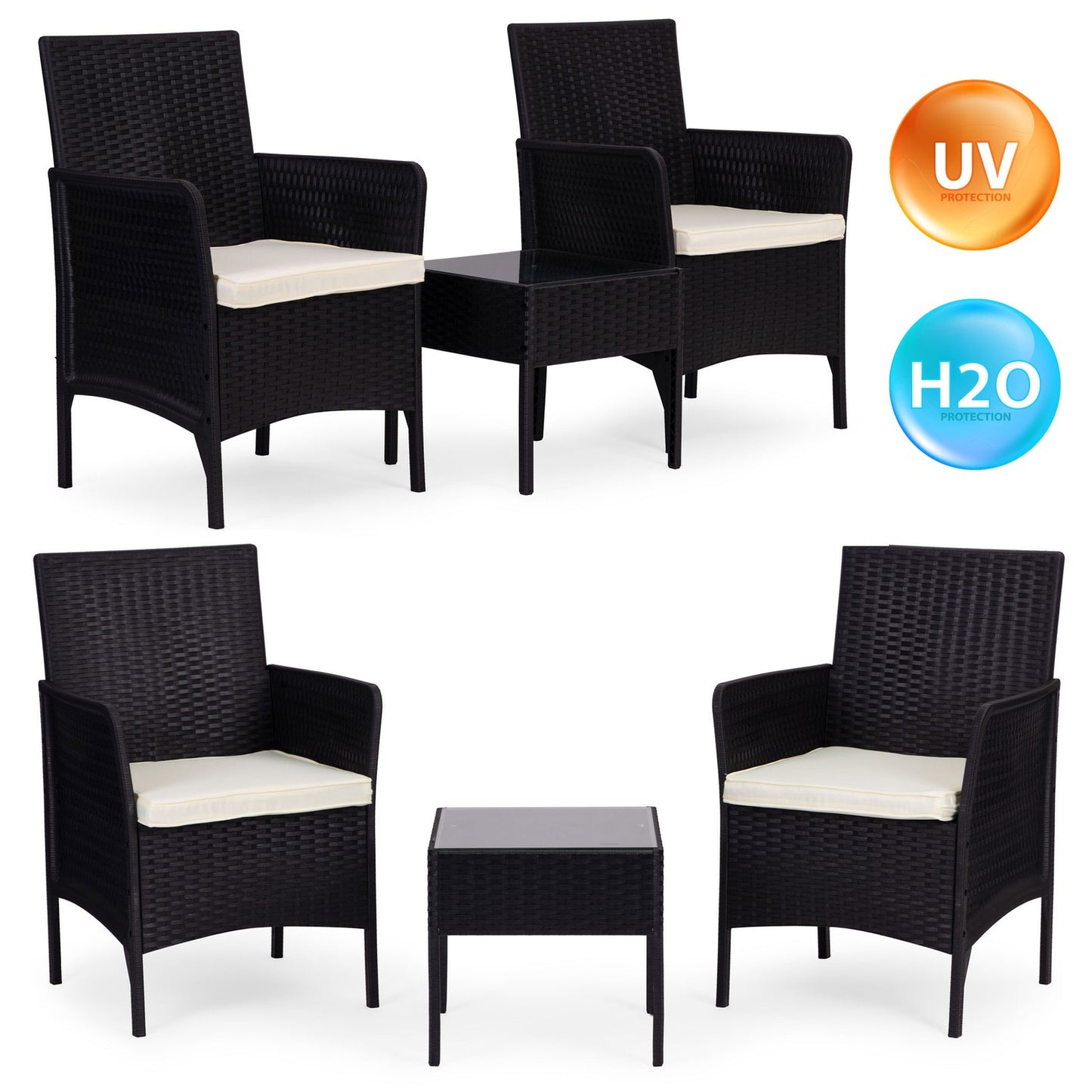 Garden Furniture Set with 2 Armchairs & Glass Table