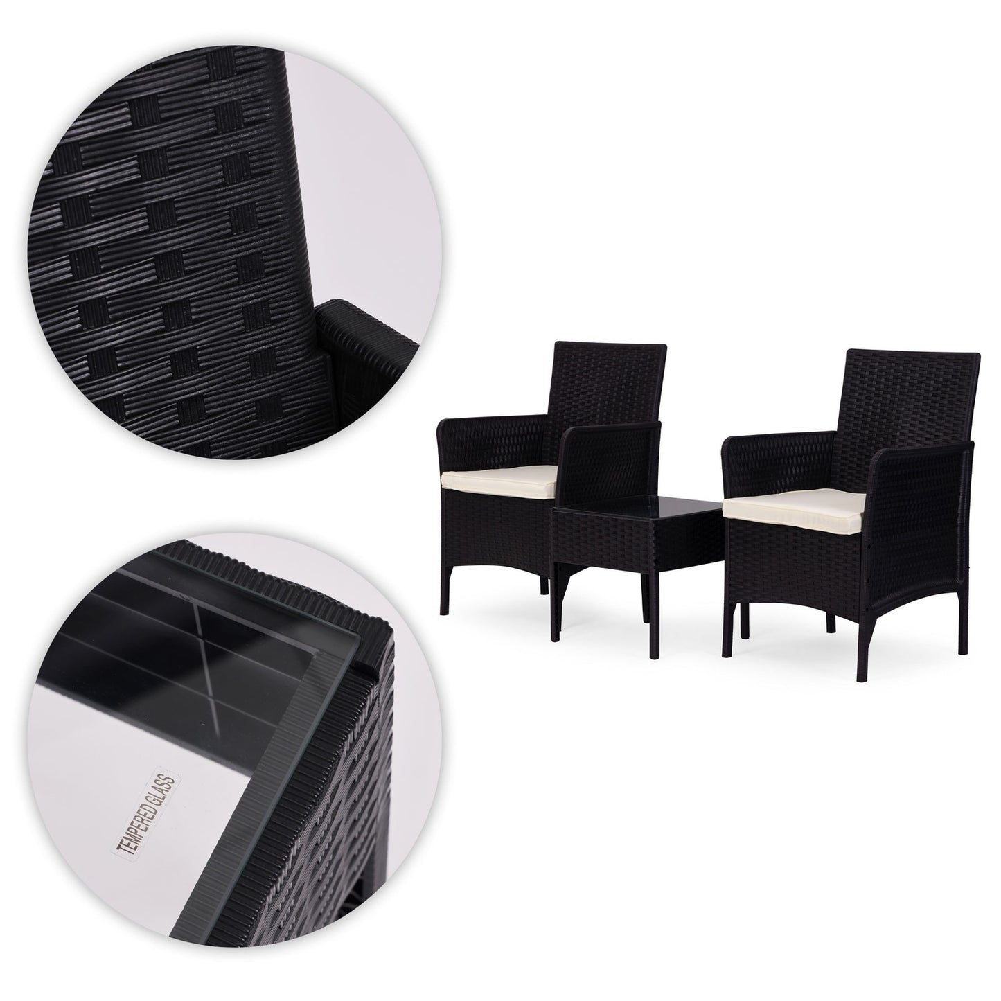 Garden Furniture Set with 2 Armchairs & Glass Table