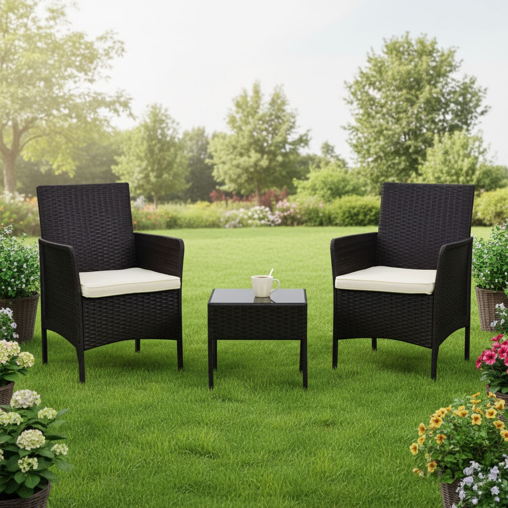 Garden Furniture Set with 2 Armchairs & Glass Table