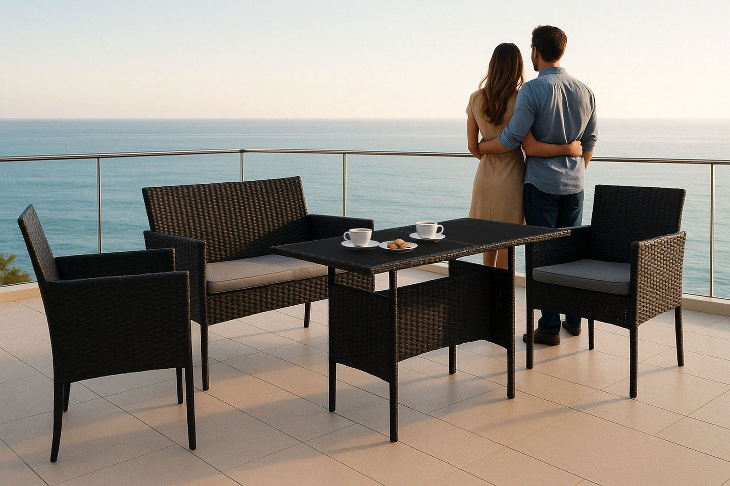 Garden Furniture Set with Rattan-Like Finish – Bench, Table, Chairs Black MultiGarden