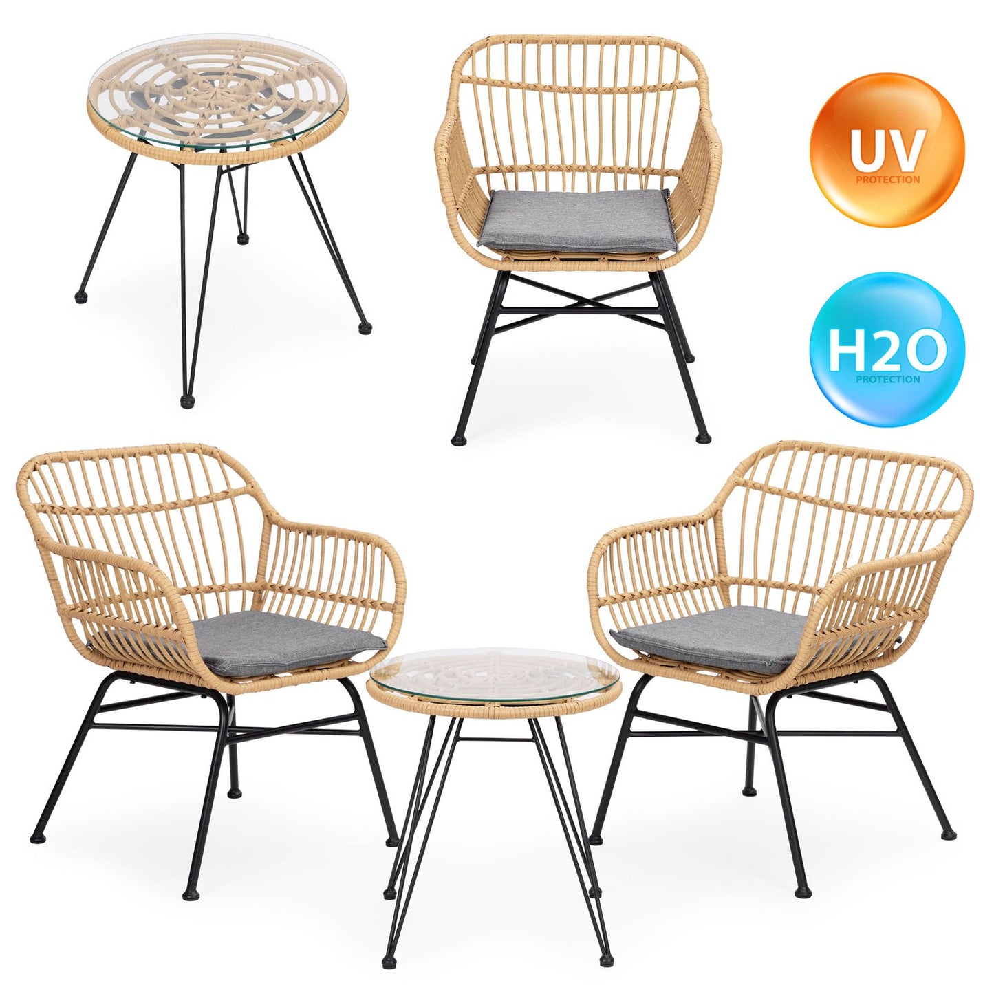 Garden Furniture Set with Rattan-Like Finish – Chairs, Table + Cushions MultiGarden