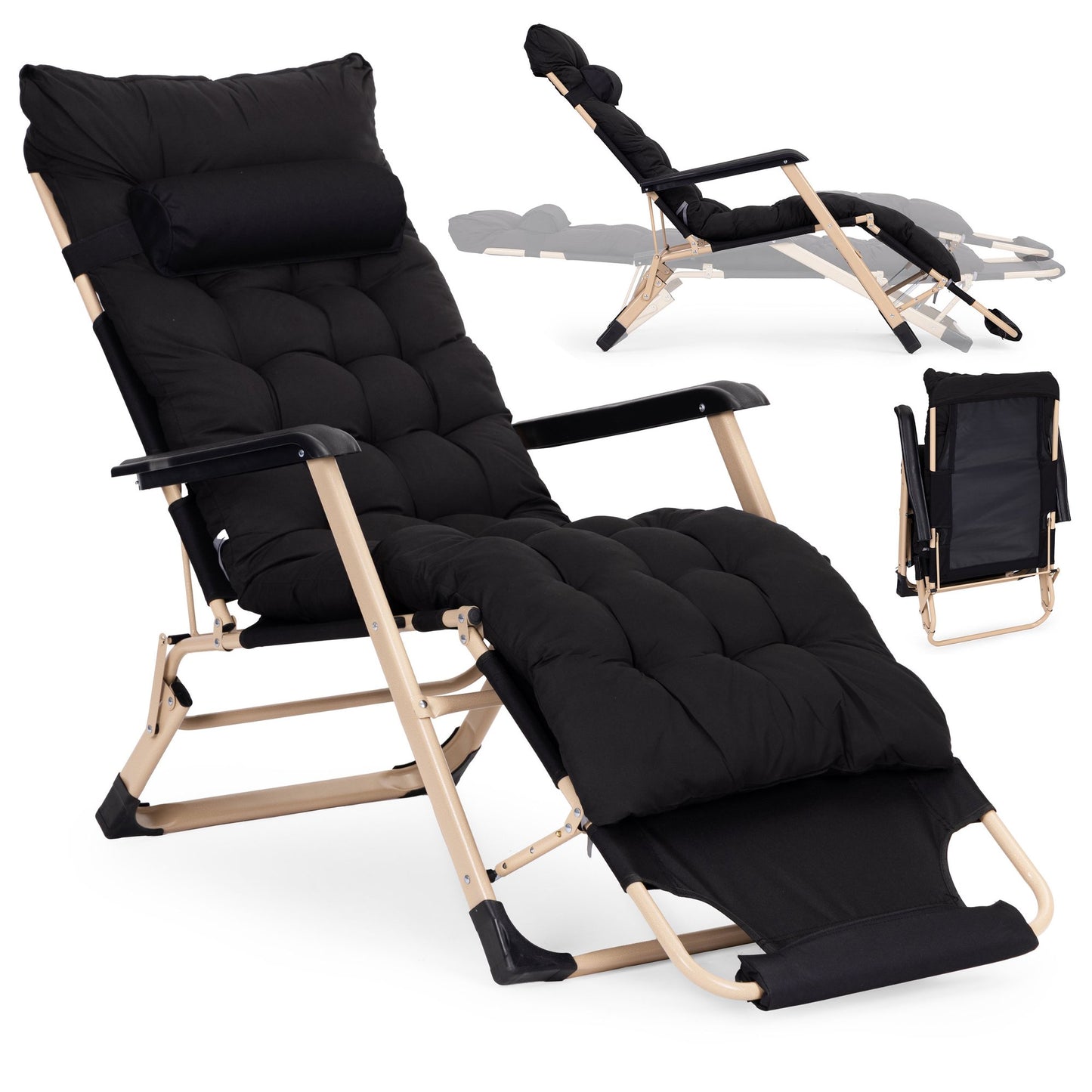 Garden Lounger with Cushion, Adjustable Footrest, Black