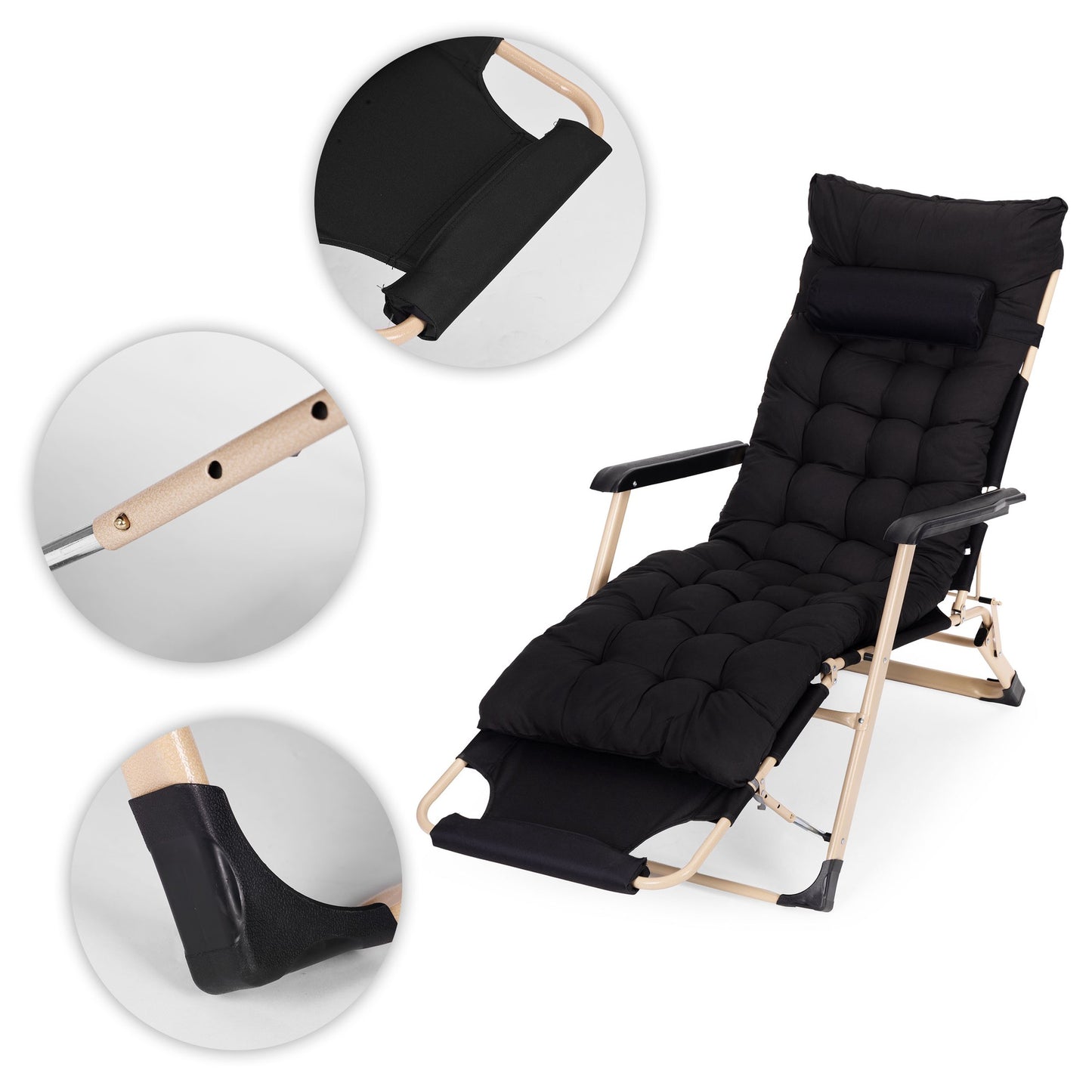 Garden Lounger with Cushion, Adjustable Footrest, Black